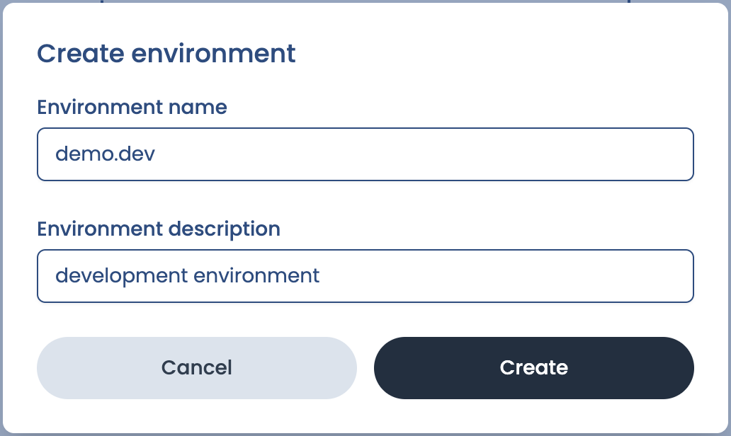 Environment creation screen with fields for name and description